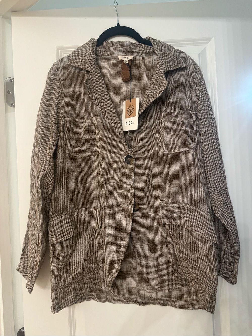 Taupe Houndstooth Linen-Blend Relaxed Blazer